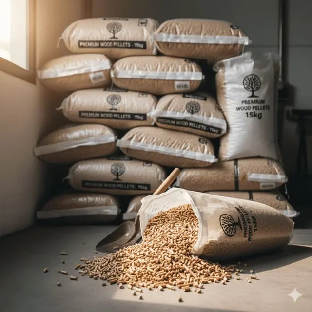 Pellets, briquetas y leña comparados sobre una mesa